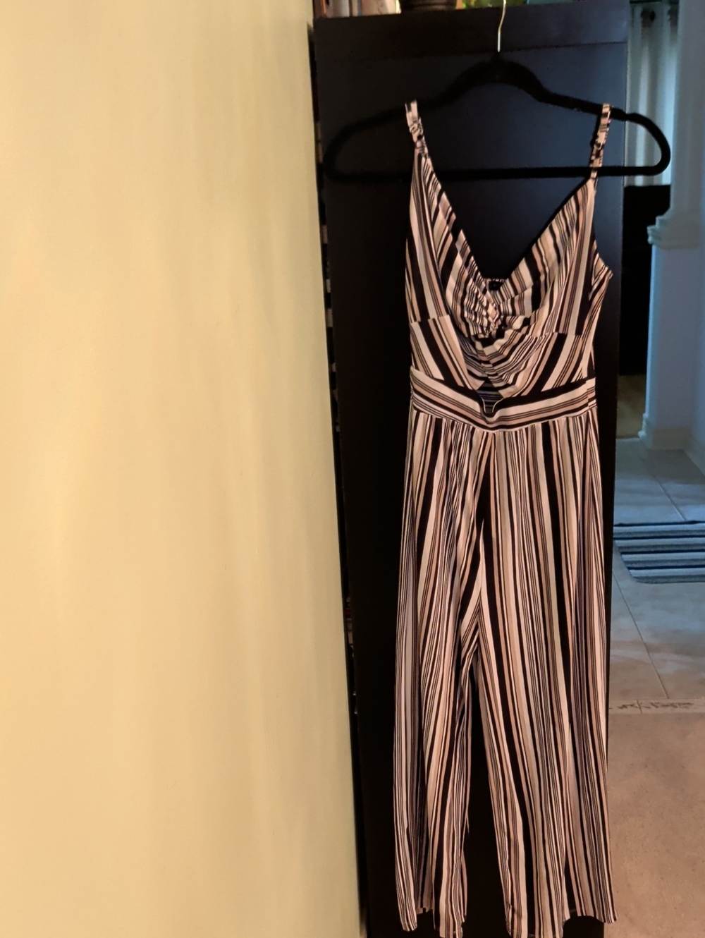 Striped V-Neck Wide-Leg Jumpsuit in Black and White